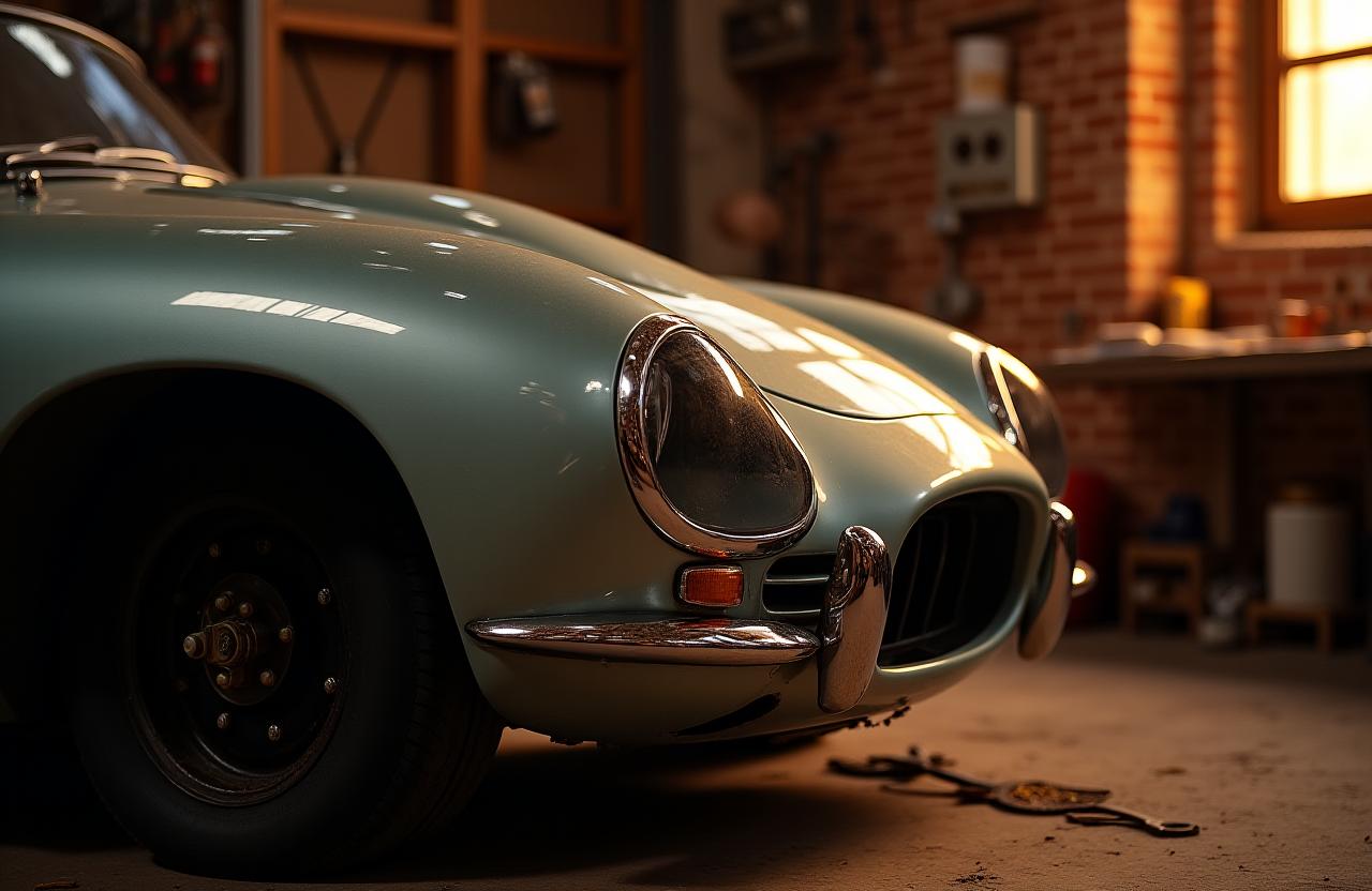 Warm beleuchtete Nahaufnahme eines klassischen Automobils, das in einer rustikalen Werkstatt restauriert wird.
