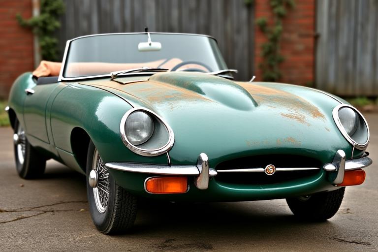 Der Jaguar E-Type vor der Restaurierung mit mattem Lack und abgenutztem Interieur.