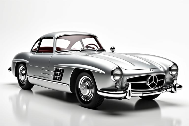 Der fertig restaurierte Mercedes 300SL in glänzendem Silber.