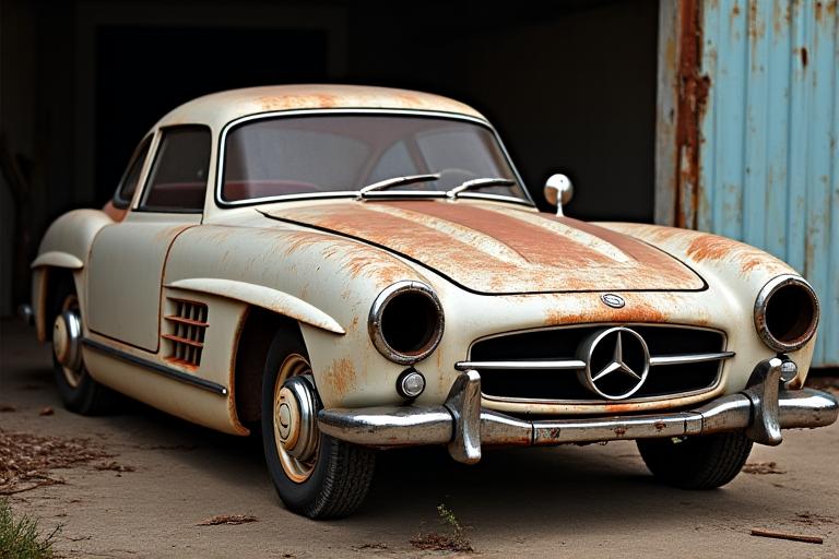 Der Mercedes 300SL vor der Restaurierung in einem verrosteten Zustand.