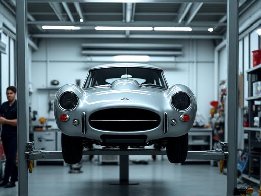 Ein fast fertiggestellter Oldtimer auf einer Hebebühne für die finale Inspektion.