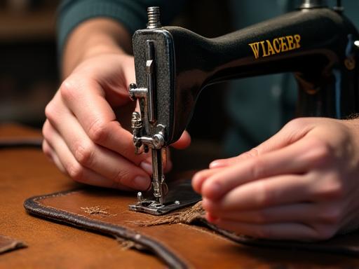 Nahaufnahme einer Hand, die Leder für einen Oldtimer-Sitz an einer alten Nähmaschine näht.