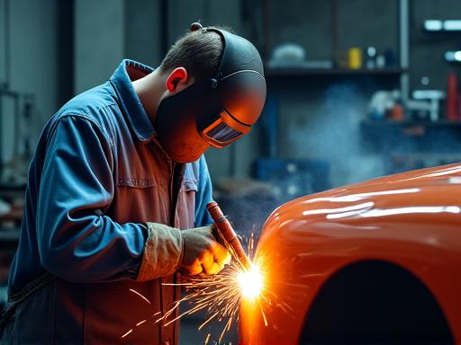 Ein Handwerker schweißt präzise an einem Oldtimer-Kotflügel.
