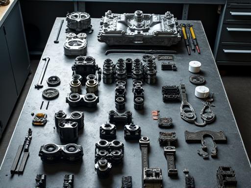 Sauber zerlegte Motorteile, die auf einer Werkbank für die Überholung angeordnet sind.
